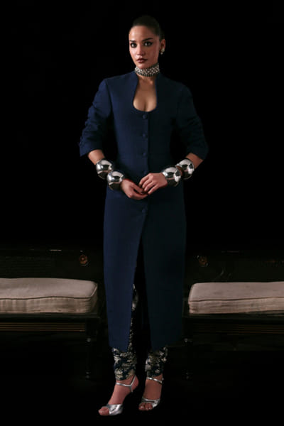 Hussain Rehar Royal blue textured long coat set HUSSMAY26D244461