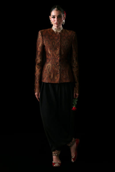 Hussain Rehar Black-gold embellished banarasi coat set HUSSMAY26D244463