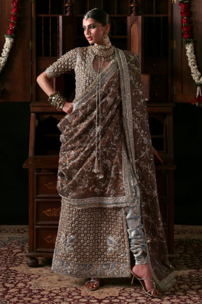 Hussain Rehar Copper-grey 3D embroidered banarasi kurta set HUSSMAY26D244481