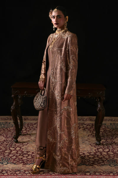 Hussain Rehar Brown hand embellished banarasi jacket set HUSSMAY26D244482