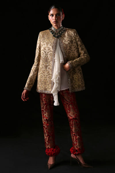 Hussain Rehar Gold-red embellished banarasi coat set HUSSMAY26D244464