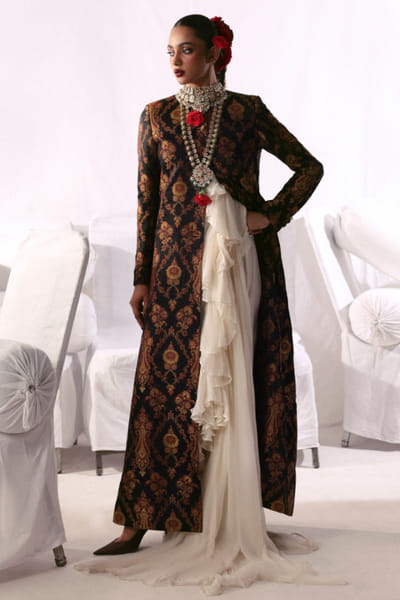 Hussain Rehar Black-ivory banarasi jamavar coat set HUSSMAY26D244484