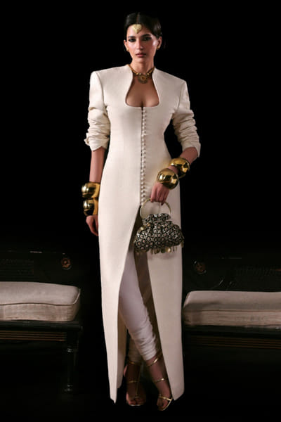 Hussain Rehar Ivory textured stripe structured coat set HUSSMAY26D244465