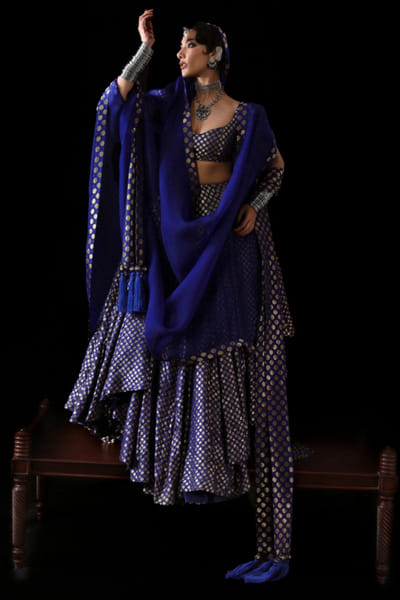 Hussain Rehar Blue katan silk draped layered lehenga set HUSSMAY26D244487