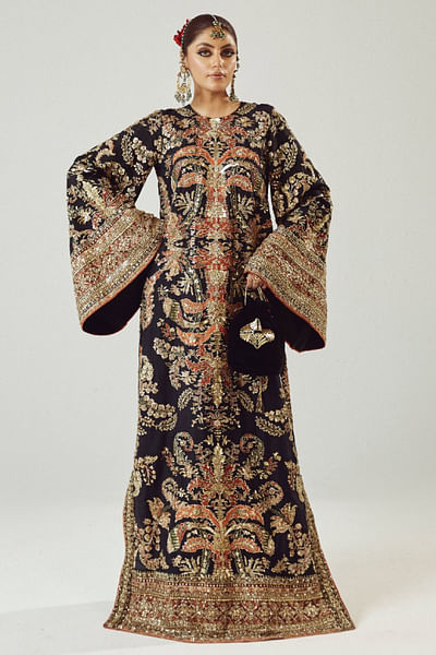 Black print and embroidered kaftan
