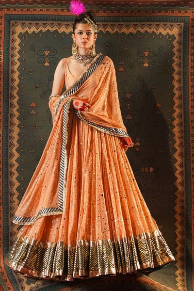 Peach foil printed anarkali set