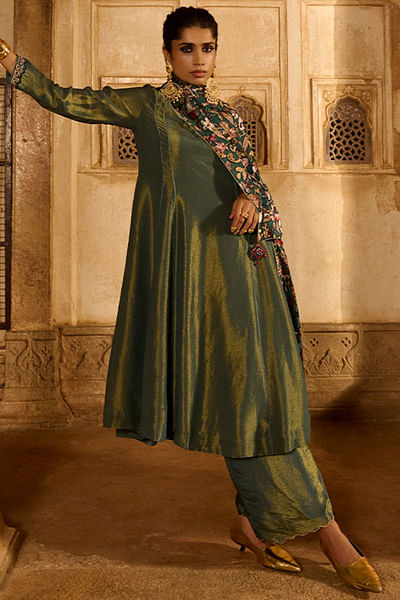 Green embroidered kurta set