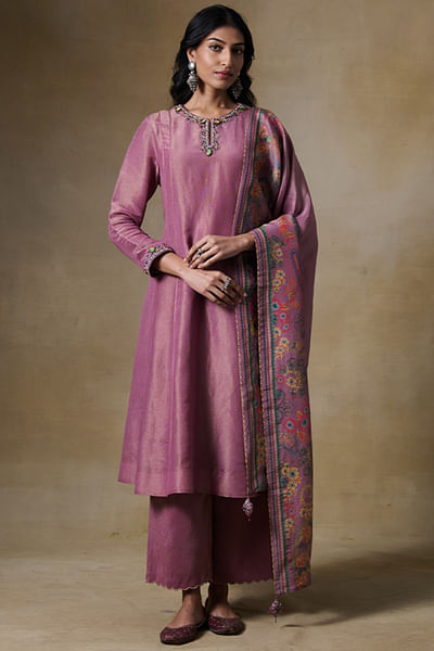 Pink bead embroidered kurta set