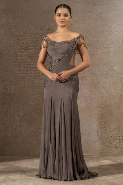 Grey sequin embellished gown