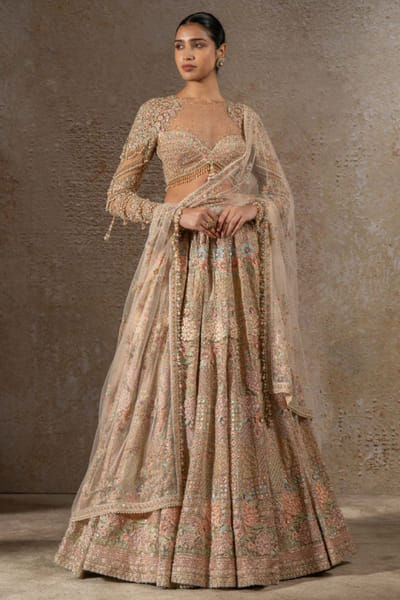 Multicoloured floral embroidered lehenga set