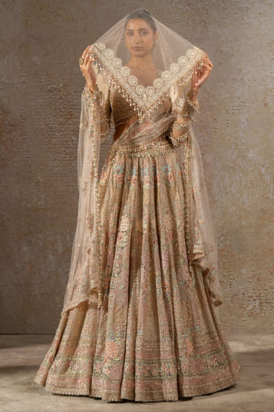 Multicoloured hand embroidered lehenga set