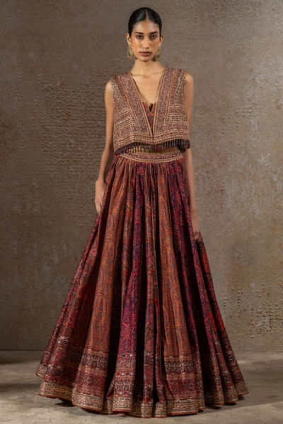 Multicoloured printed gilet lehenga set