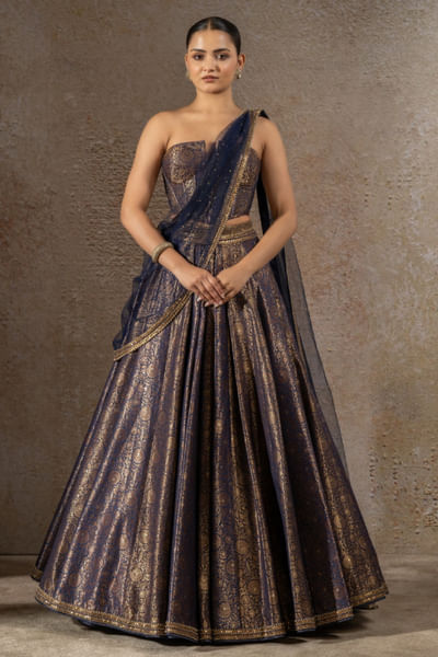 Blue brocade corset lehenga set