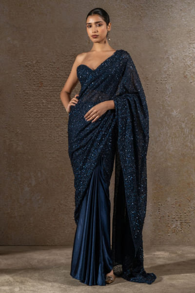 Blue sequin embellished corset sari set
