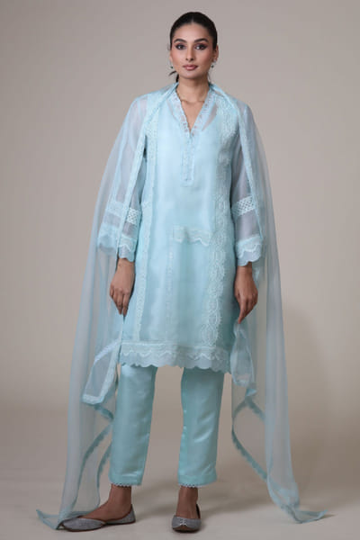 Mint floral embroidered kurta set