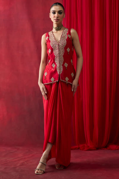 Red embroidered jacket co-ord set