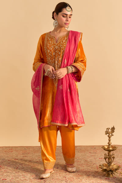 Orange embroidered kurta salwar set