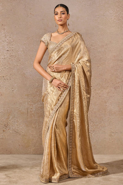 Gold zardozi embellished silk tissue sari set