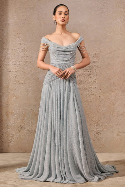 Tarun Tahiliani Powder blue printed and draped mermaid gown TARMAY25D127664