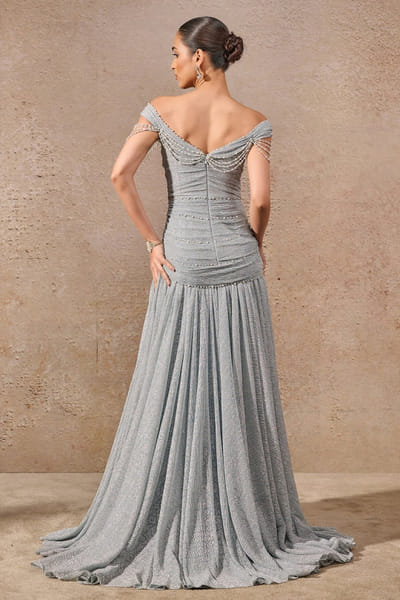 Tarun Tahiliani Powder blue printed and draped mermaid gown TARMAY25D127664