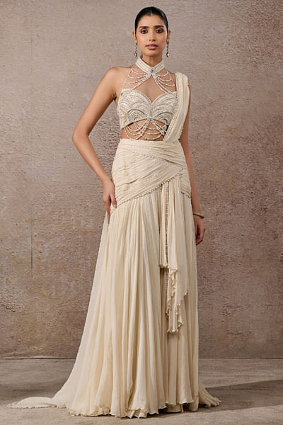 Ivory ombre embroidered concept sari set