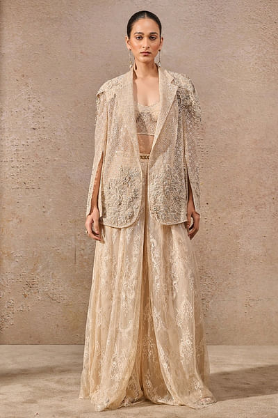 Gold floral embroidered sheer jacket skirt set
