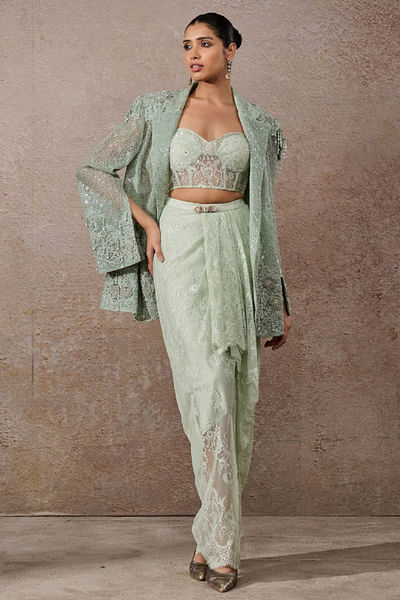 Mint sheer embroidered jacket co-ord set