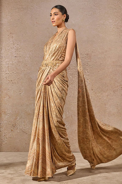 Beige gold printed and draped concept sari set