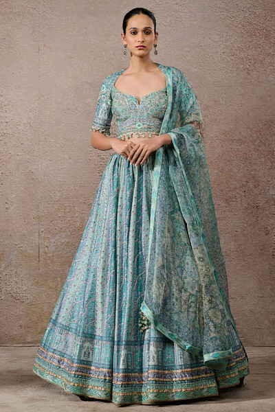 Turquoise floral printed lehenga set