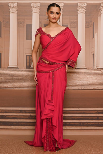 Tarun Tahiliani Red embroidered border pre-draped sari set TARUMAY26D145278