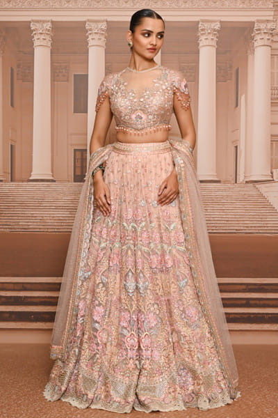 Tarun Tahiliani Pink hand embroidered floral lehenga set TARUMAY26D145249