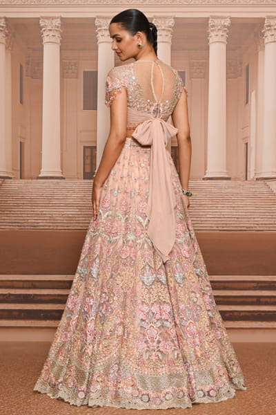 Tarun Tahiliani Pink hand embroidered floral lehenga set TARUMAY26D145249