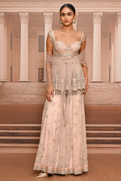 Tarun Tahiliani Pink floral embroidered sharara set TARUMAY26D145250