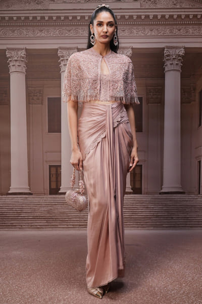 Tarun Tahiliani Blush pink sequin embroidered cape-skirt set TARUMAY26D145252