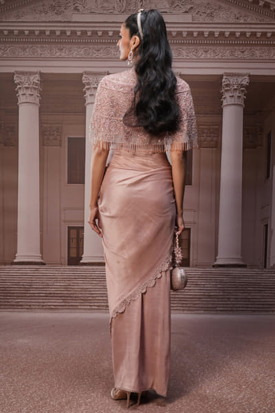 Tarun Tahiliani Blush pink sequin embroidered cape-skirt set TARUMAY26D145252