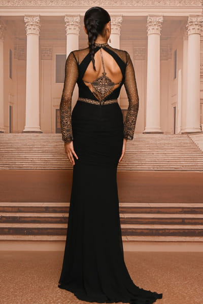 Tarun Tahiliani Black embroidered sculpted draped dress TARUMAY26D145257