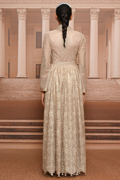 Tarun Tahiliani Beige embroidered long jacket- dress set TARUMAY26D145259