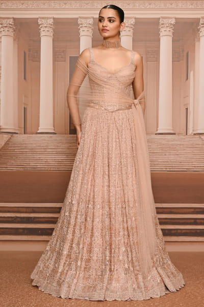Tarun Tahiliani Blush thread-crystal embroidered lehenga set TARUMAY26D145260
