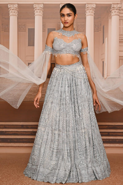Tarun Tahiliani Ice blue pearl embroidered lehenga set TARUMAY26D145261