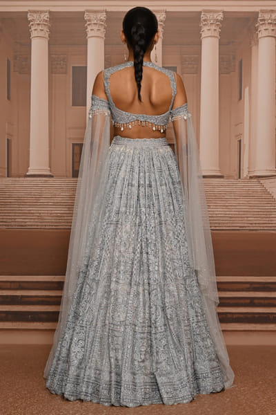 Tarun Tahiliani Ice blue pearl embroidered lehenga set TARUMAY26D145261
