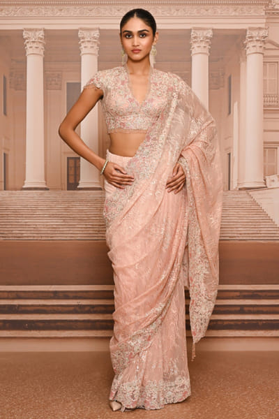 Tarun Tahiliani Blush ombre lace embroidered sari set TARUMAY26D145264