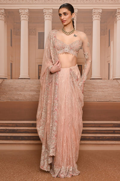 Tarun Tahiliani Blush pink ombre lace embroidered sari set TARUMAY26D145265
