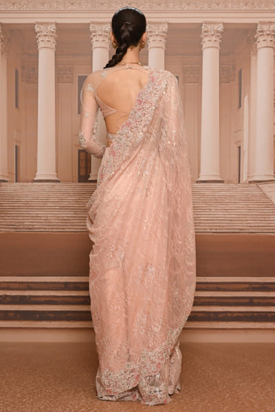 Tarun Tahiliani Blush pink ombre lace embroidered sari set TARUMAY26D145265