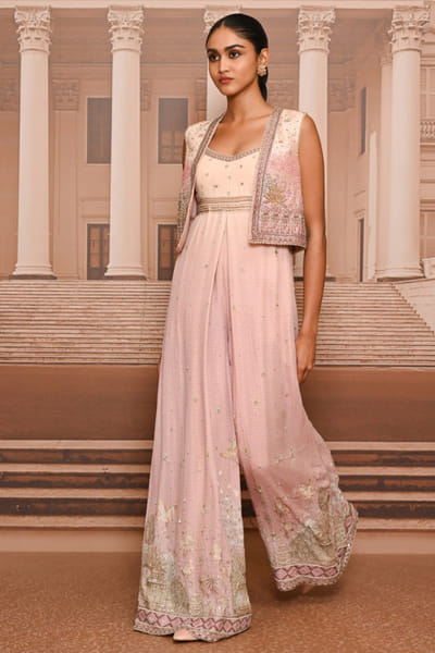 Tarun Tahiliani Blush pink embroidered pichwai jumpsuit-jacket set TARUMAY26D145267