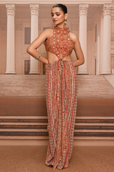Tarun Tahiliani Rust printed hand-embroidered halter dress TARUMAY26D145268