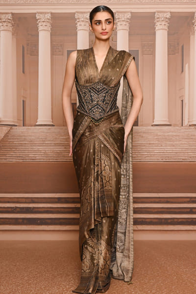 Tarun Tahiliani Black-gold embroidered pre-draped sari set TARUMAY26D145270