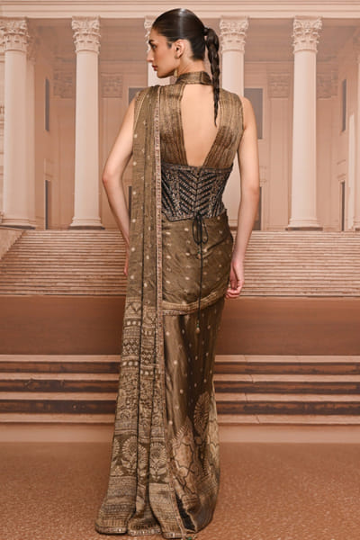 Tarun Tahiliani Black-gold embroidered pre-draped sari set TARUMAY26D145270