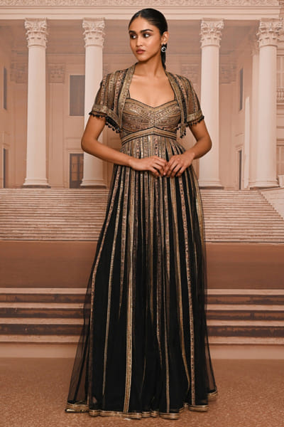 Tarun Tahiliani Black and gold embroidered cape-jumpsuit set TARUMAY26D145271
