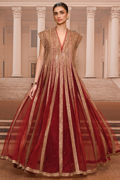 Tarun Tahiliani Wine-gold sequin embroidered flared kurta set TARUMAY26D145279
