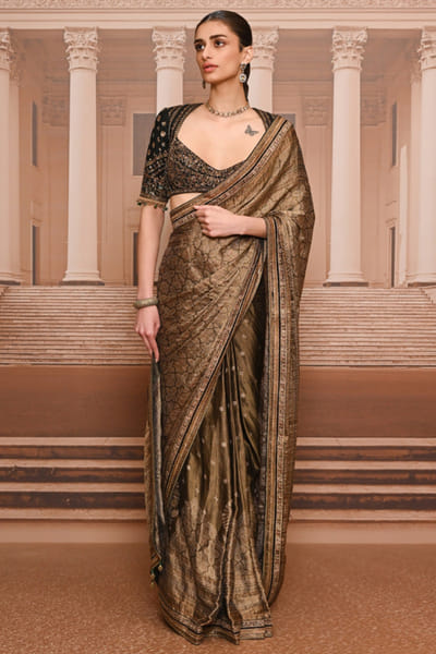 Tarun Tahiliani Black and gold embroidered sari set TARUMAY26D145275